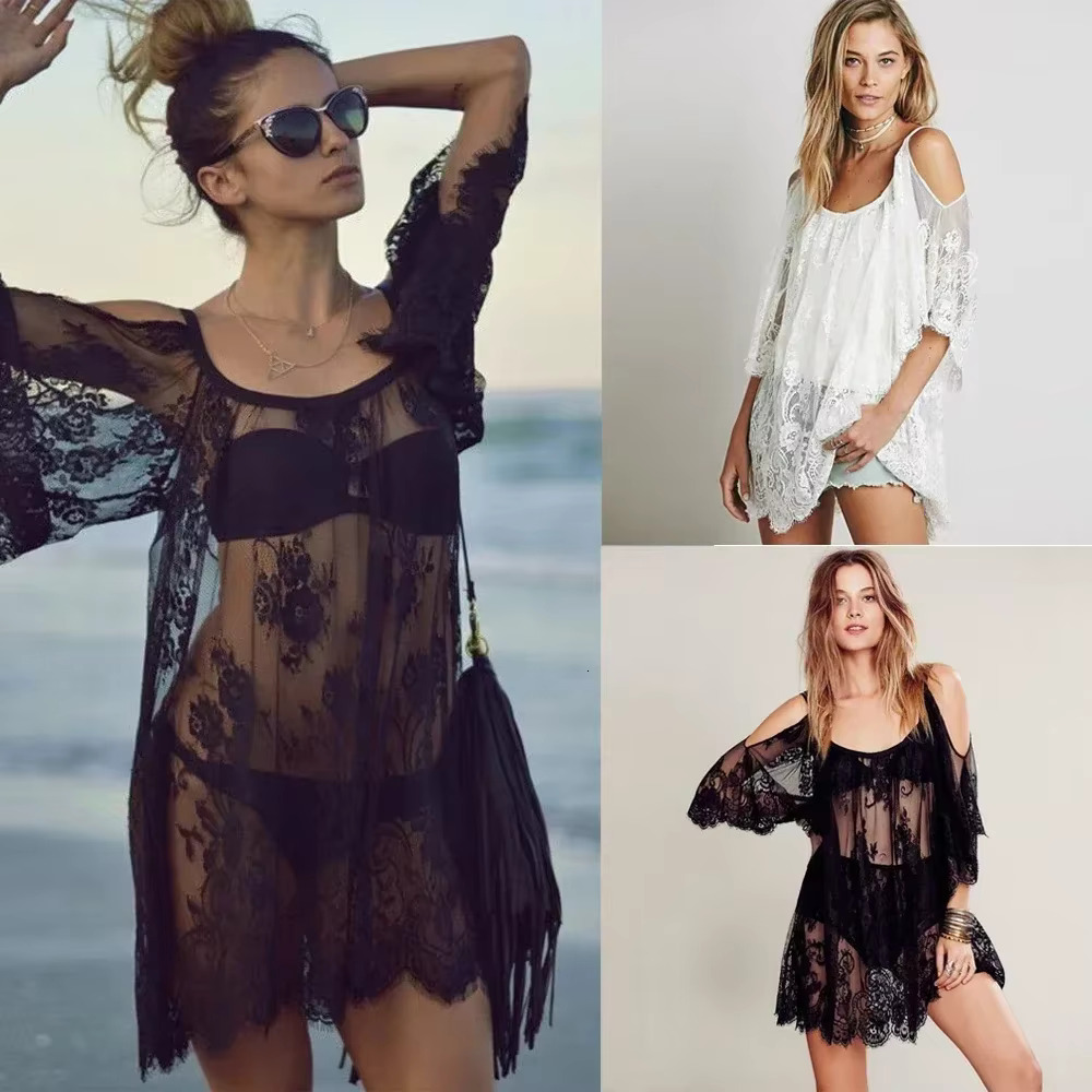 Off Shoulder Beach Cover Up Pareo Playa Coverup Dress Vestido Livre Swimsuit Wear Swimwear White Lace Women Beachwear