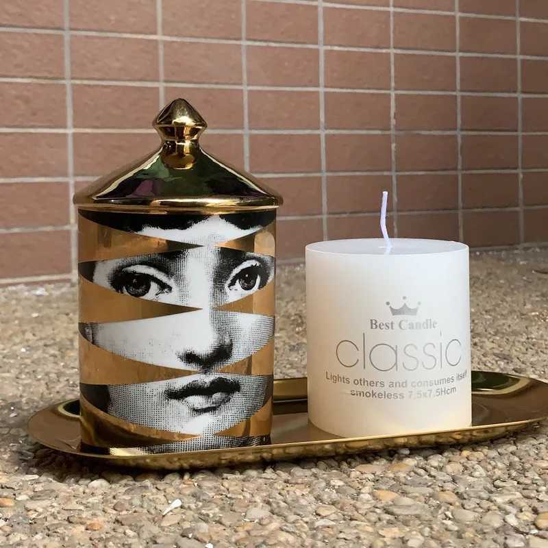 Gold Handmade Ceramic Empty Candle Holder Incense Candles Jar Lady Face Red Lip Cup Living Room Ornaments Home Decoration Box Cr X250203
