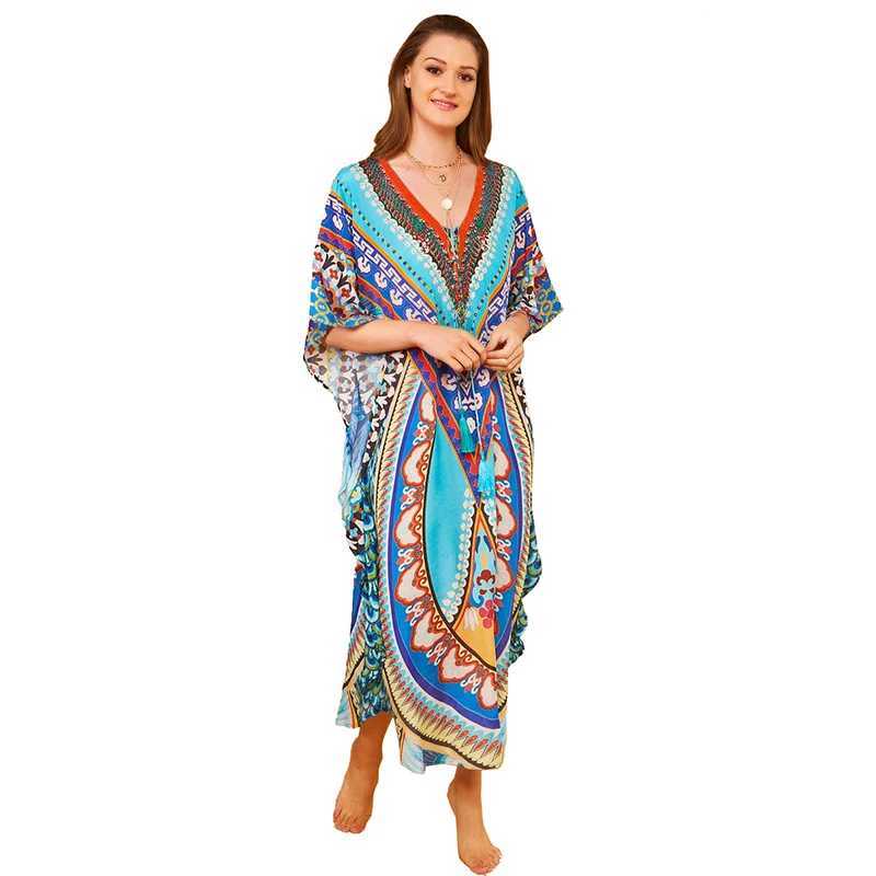 Bohemian Kaftan Beach Tunic Cotton Beach Cover up Saida de Praia Swimsuit Women Bikini cover up Pareo Sarong Beachwear #Q956 W250120