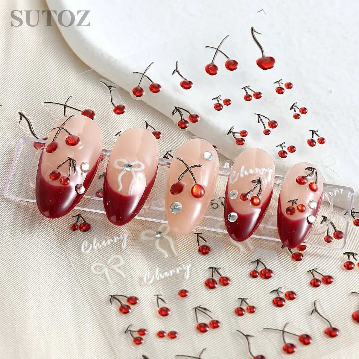 5D Nail Cherry Decors Gold Butterfly Nail Sticker Cute Cherries Bows Diamond Nail Decals Spring Summer Manicure Supplies JI-5D99XJ250120