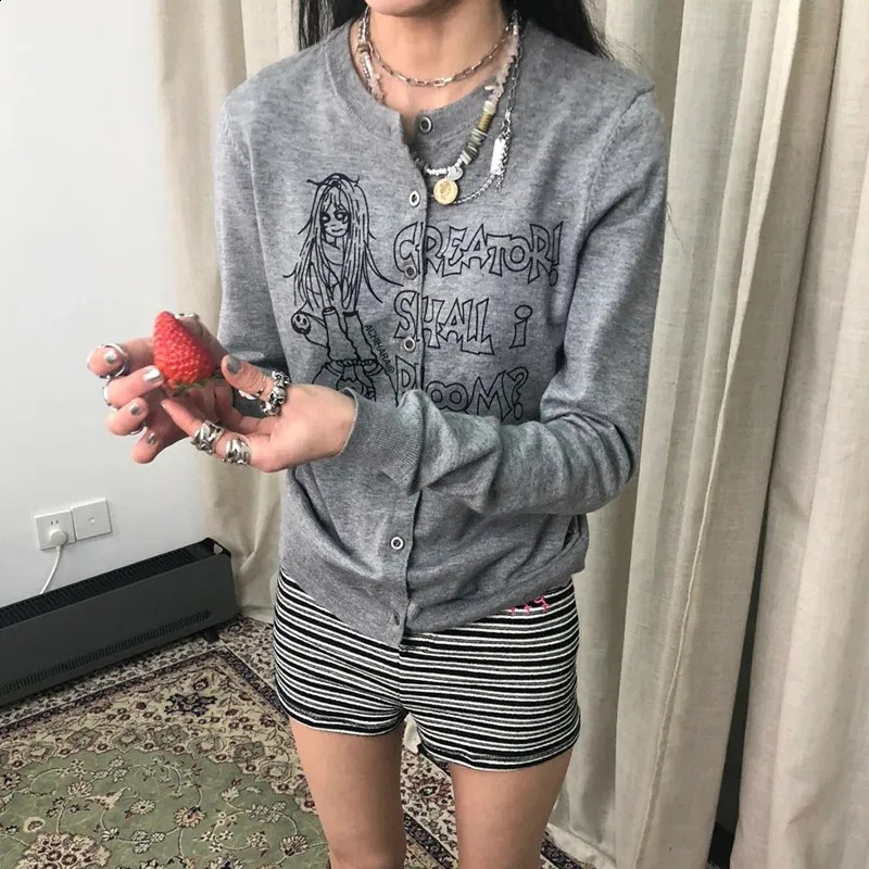 Karrram Japanese Y2k Anime Print Cardigans Vintage Harajuku Knitted Outerwears Korean Style Grey Knitwear American Retro 2000s 250122