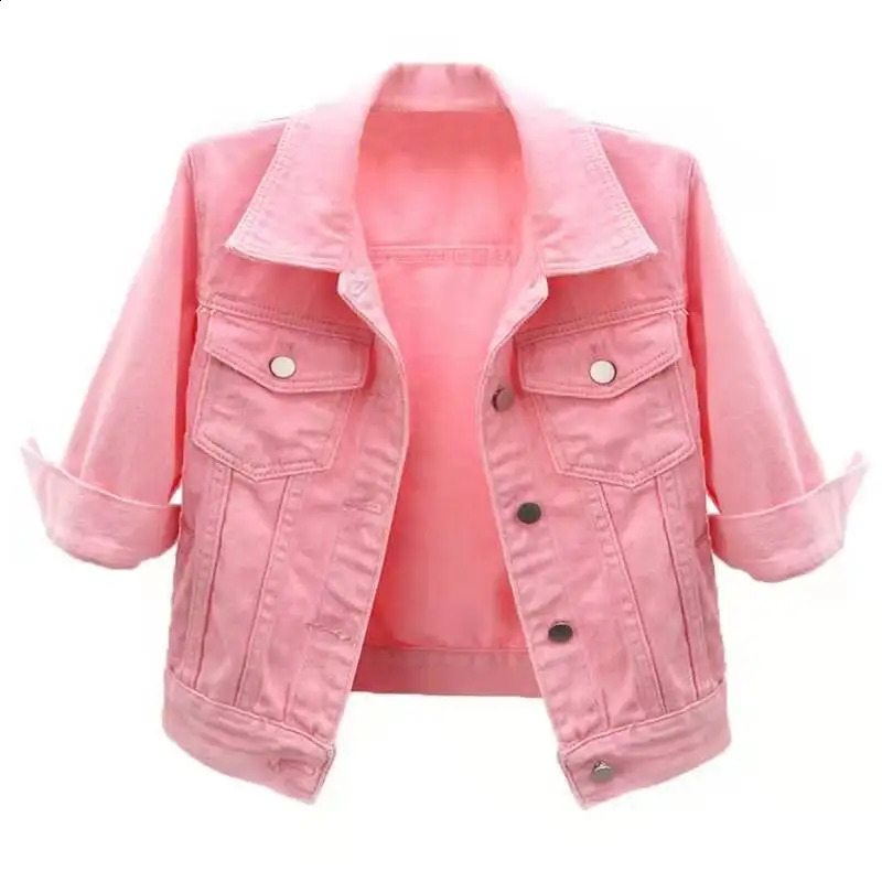 Spring Summer Women Denim Jacket Tops Pink Color Solid Short Multicolor Feminino Three Quarter Sleeve Jean Jacket Size S-5XL 250121