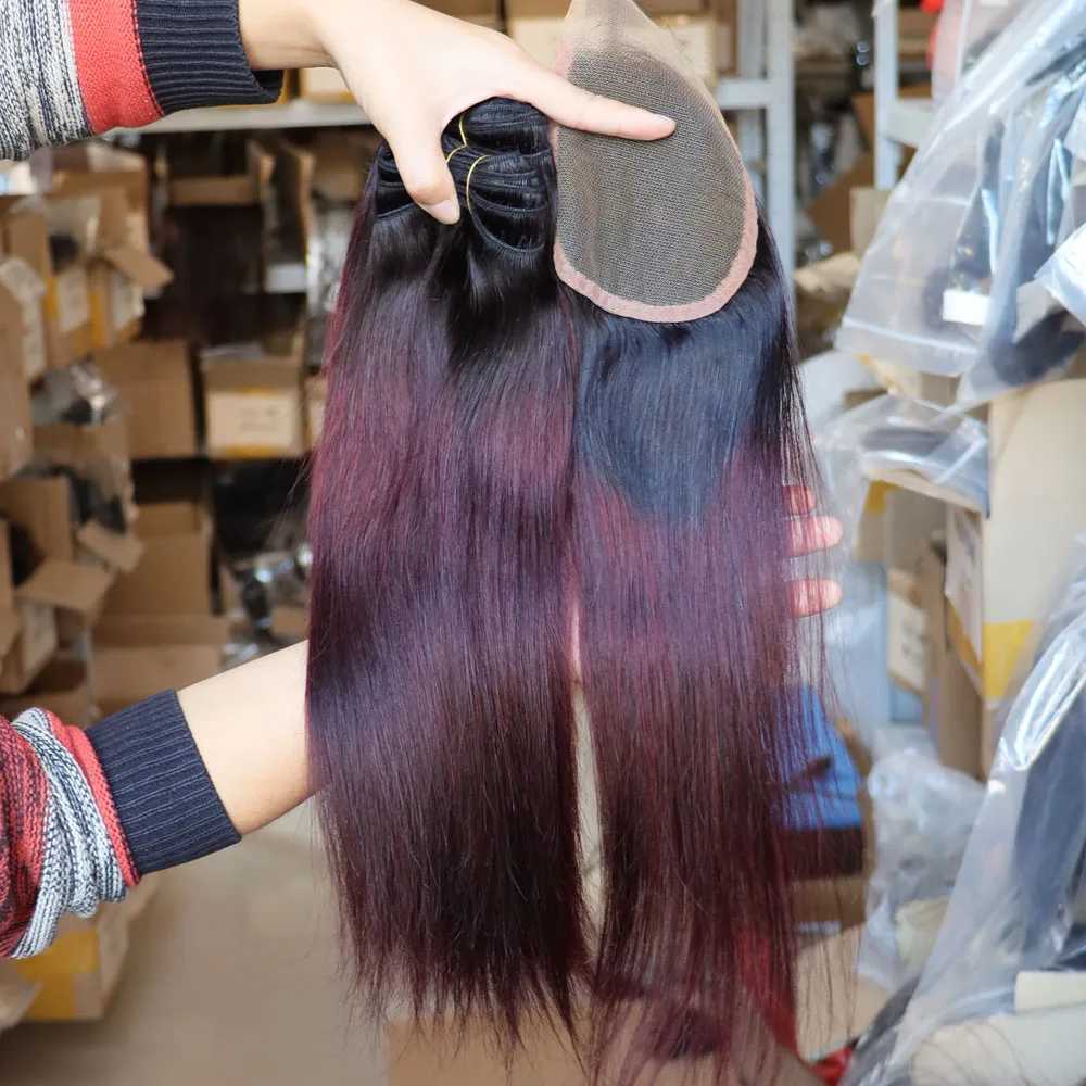 Ombre Dark Red 99J Virgin Remy Human Hair Bundles with Lace Clo 4x4 5x5 2x6 Transparent Weft Weaving Human HairXJ250120