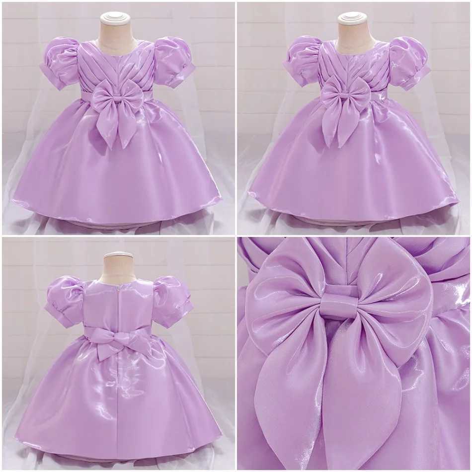Fold Bow Baby Girls Party Dress Puff Sleeve Purple 1st Birthday Wedding Princess Dresses for Kids Baptism Bridemaid Prom Costume X250203