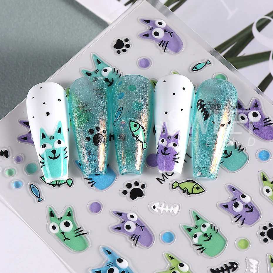 5D Black Cartoon Cute Cat Nail Stickers Cat Stars Letters Nail Sliders Y2K Korean Nail Art Manicure DIY Nail Supplies DecorXJ250120