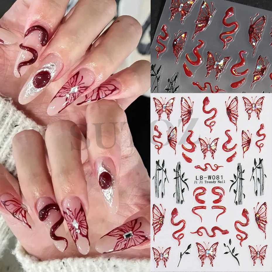 Red Laser Snakes Butterfly 3D Nails Stickers Retro Snakelike Patterns Cool Girl 2025 New Year Nail Decoration Manicure LELB-W081XJ250120