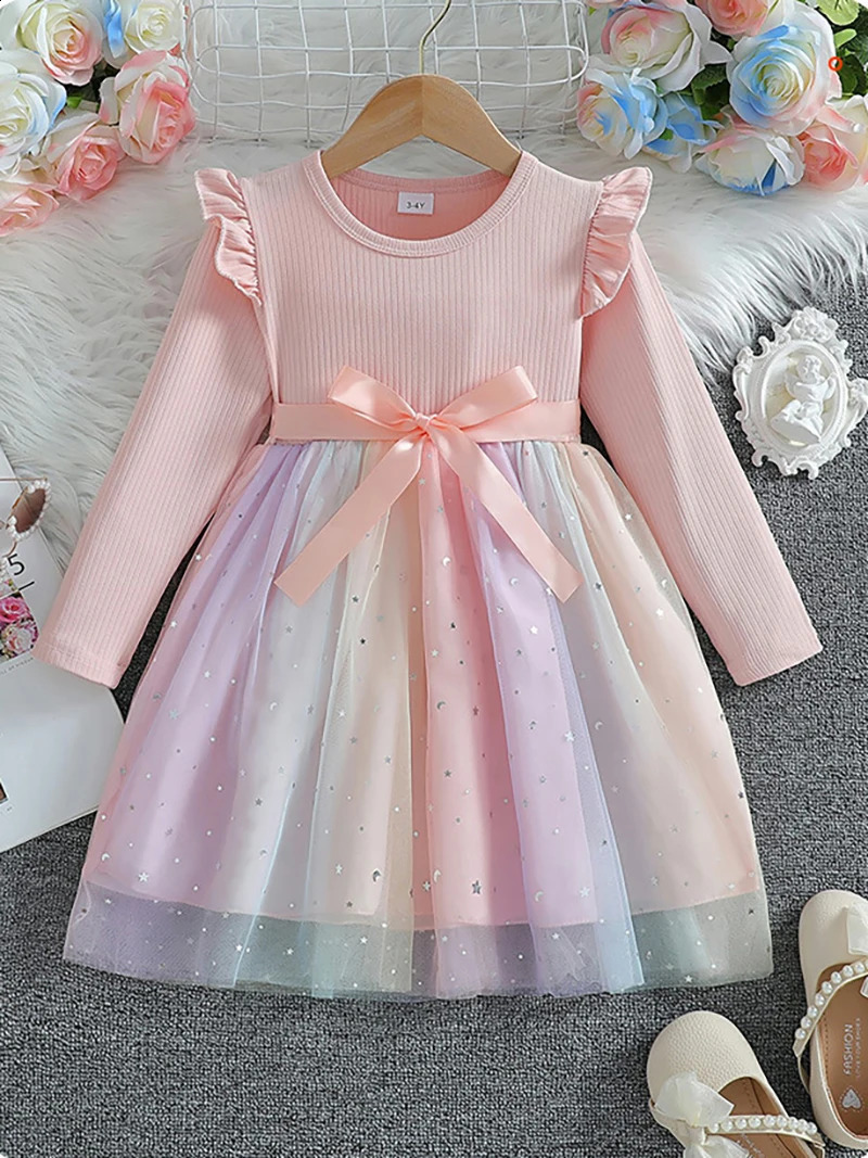 Girls Long Sleeved Bow Dress 26Y Fashion Thin Childrens Starry Sky Sequin Mesh Spring Autumn Kids Clothing 250117