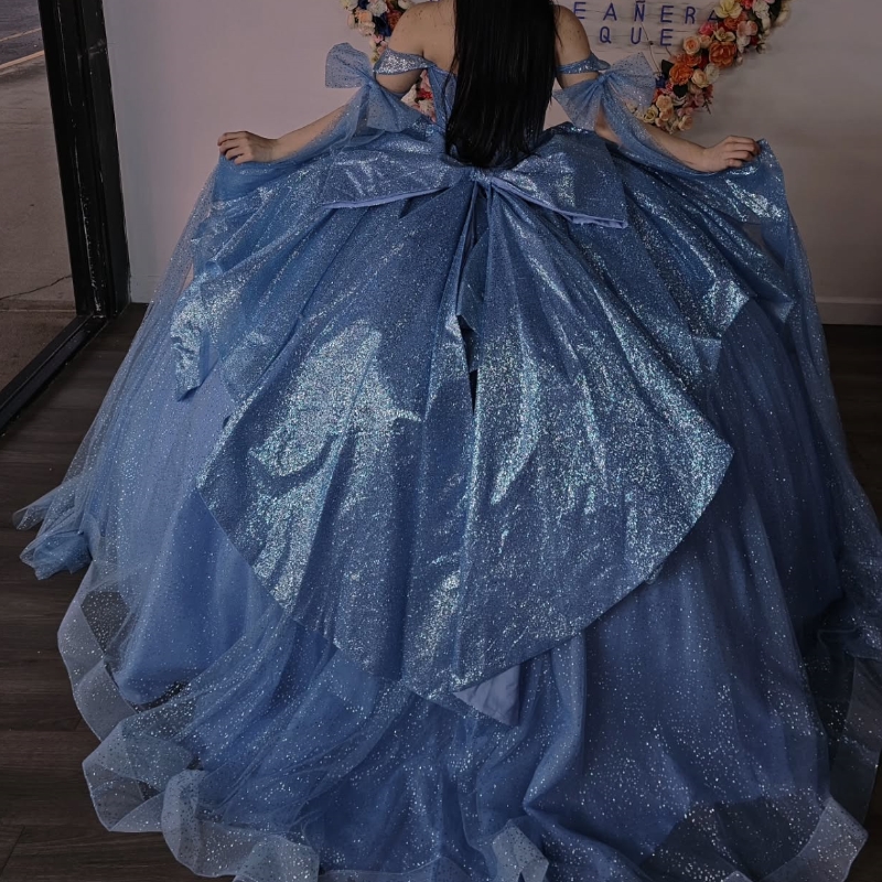 Sky Blue Shiny Quinceanera Dresses Ball Gown Off Shoulder Beads Bow Tull Corset Birthday Party Sweet 16 Dress Vestidos 15 De Anos