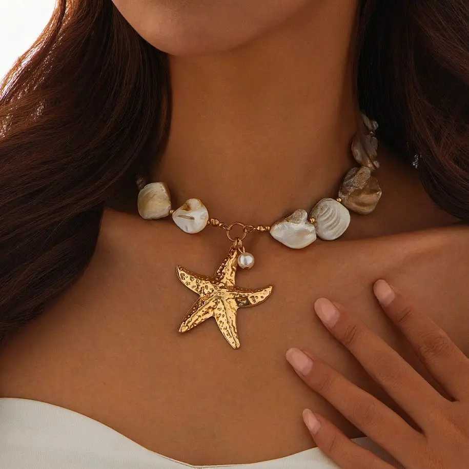 KunJoe Beach Large Gold Color Starfish Pendant Necklace for Women Vintage Short Choker Necklace Collar Chain Jewelry on the NeckXJ250121