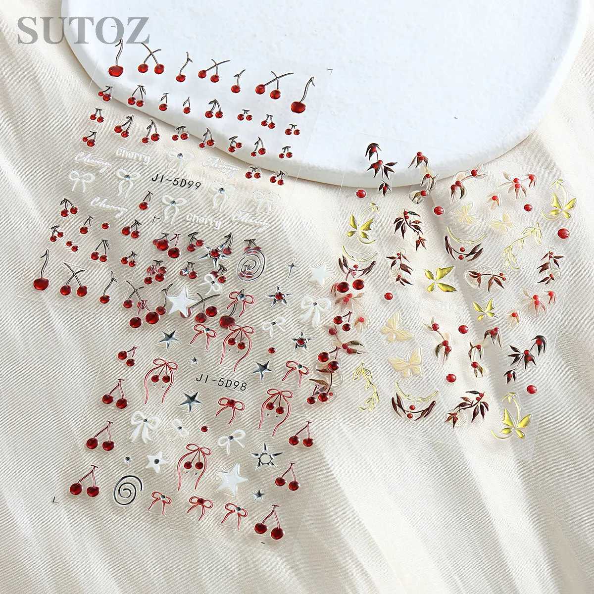 5D Nail Cherry Decors Gold Butterfly Nail Sticker Cute Cherries Bows Diamond Nail Decals Spring Summer Manicure Supplies JI-5D99XJ250120