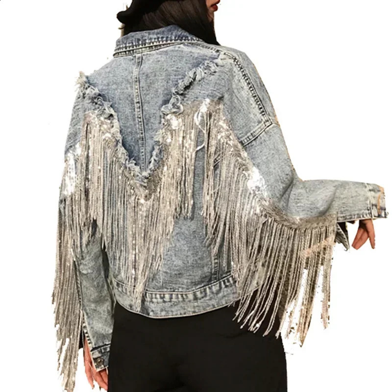 High Quality Denim Jackets Female Spring And Autumn Sequined Tassels Loose Streetwear Womens Outerwear Coats 250116
