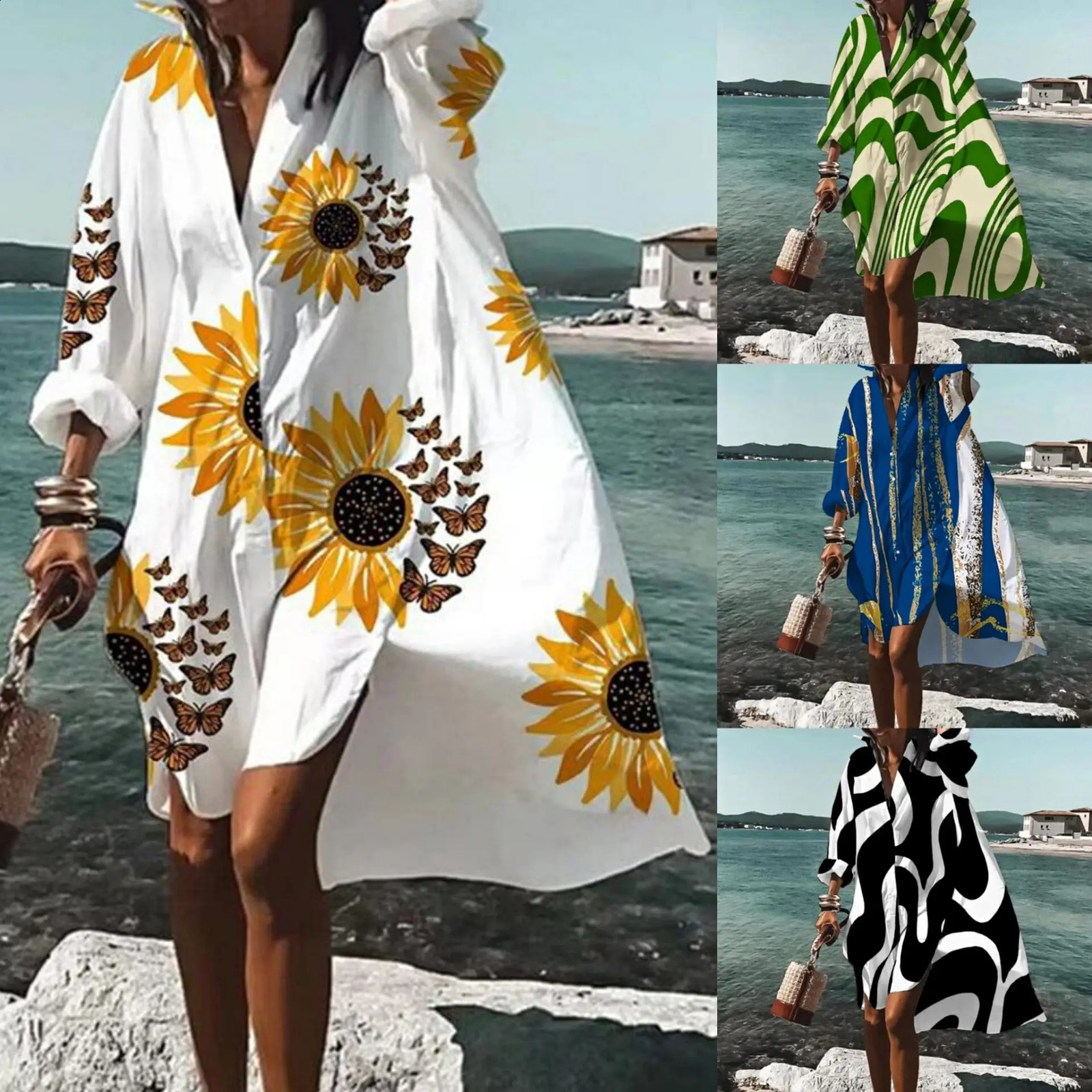 Autumn Dress Fashion Leisure Grace Printed Lapel Long Sleeve Loose Party Beach Women Shirt Dresses MsChuh 250122
