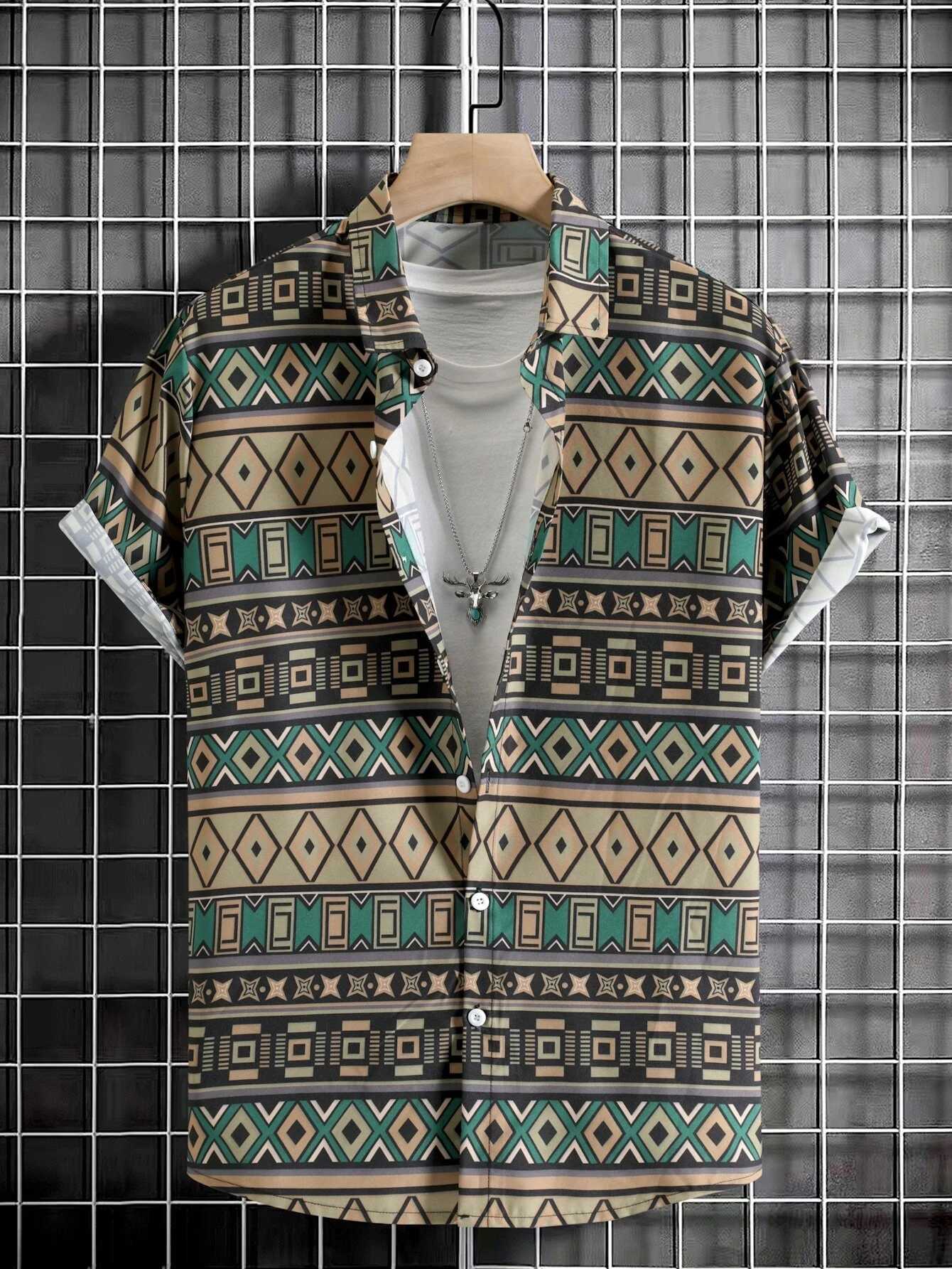 Ethnic Patchwork Design Printed mens And womens Shirts Casual Design short-sleeved Shirts Fashion Button short-sleeved TopsXJ250121