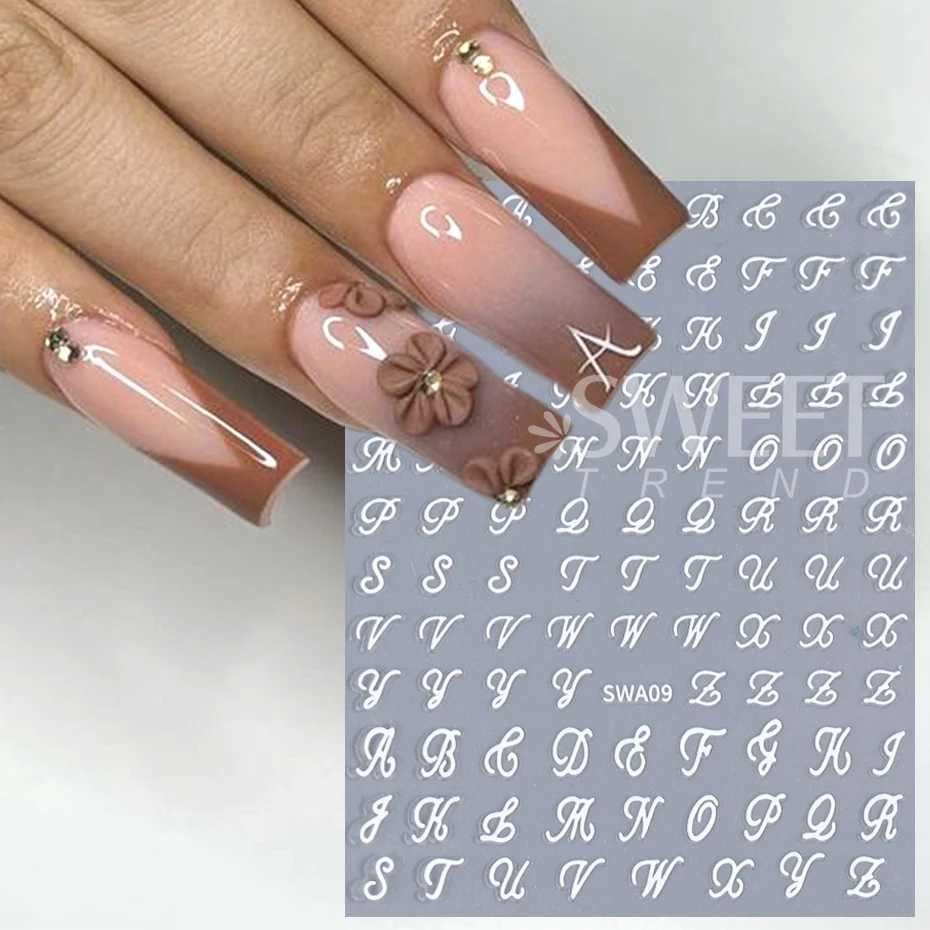 3D Metallic English Nail Stickers Black White Gold Silver Art Letter Alphabet Self-adhesive Holographic Slider Nail DecorationXJ250120