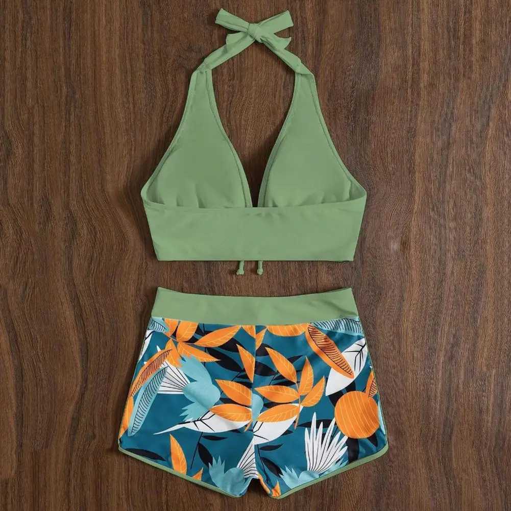 2Pcs/Set Women Bikini Set Bowknot Decor Floral Print Backless Lady Swimwear Wire Free Halter Bra High Waist Shorts Set BeachwearXJ250120