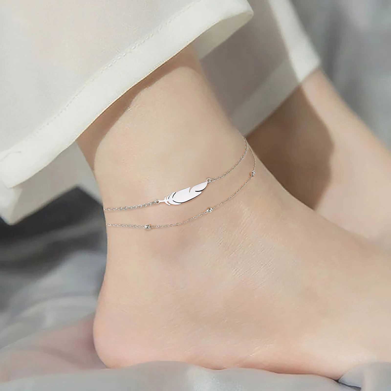 Skyrim Feather Anklet Women Stainl Steel Double Layer Beads Chain Ankle Bracelet Tren Summer Foot Accory New InXJ250121
