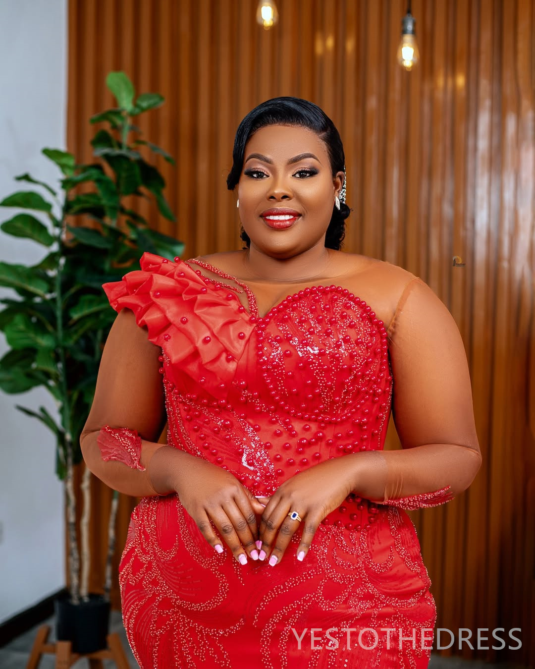 2025 Plus Size Red Aso Ebi Prom Dress Mermaid Evening Gowns For Black Women Sheer Neck Long Sleeves Pearls Beaded Lace Birthday Dress Second Reception