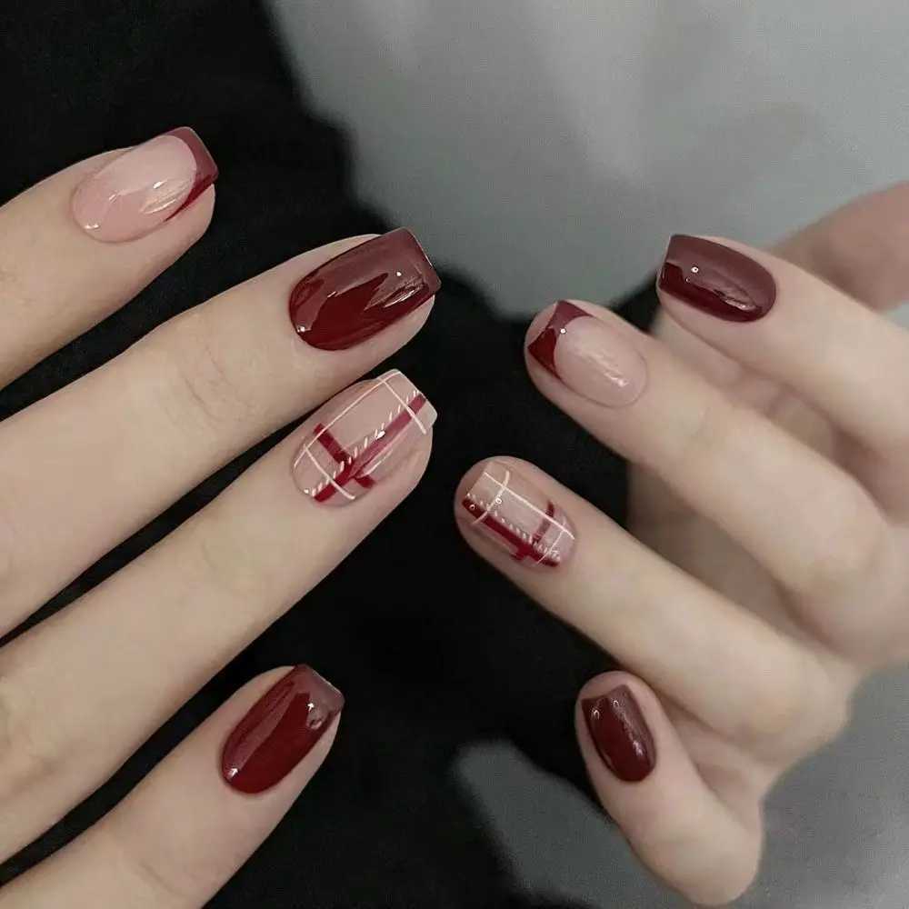 24pcs Long Square False Nails French Love Foil White s Black White s Fake Nails Full Cover Press on Nails Nail TipsW250120