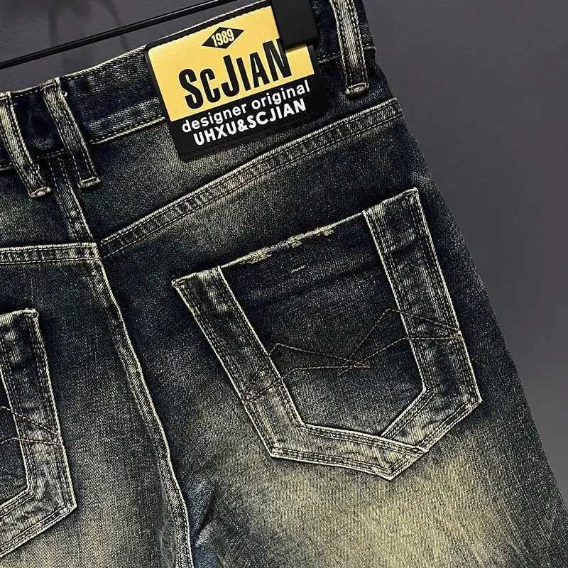Retro yellow mud dyed denim jeans mens casual knee length high-end brand jeans luxury streetwear mens jeans X250203