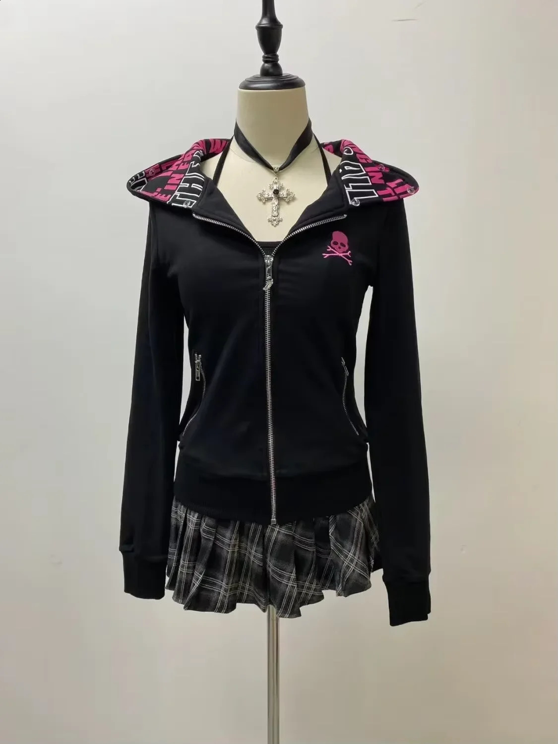 European and American Retro Coat Fur Collar Oversized Hoodie for Women Y2K Gothic Punk Zipper Sweatshirt for Women 250109