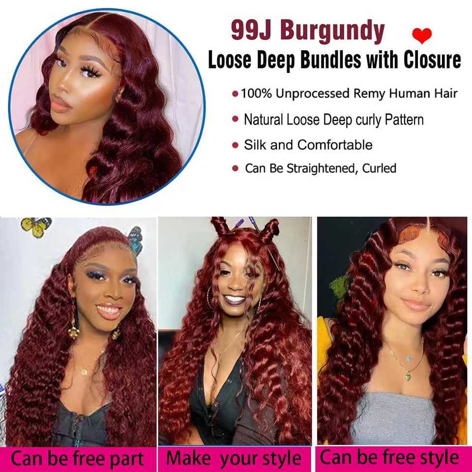 Burgundy Bundles with Clo 99j Loose Deep wave Human Hair with 4x4 lace clo Free Part Virgin Raw Hair ExtensionsXJ250120