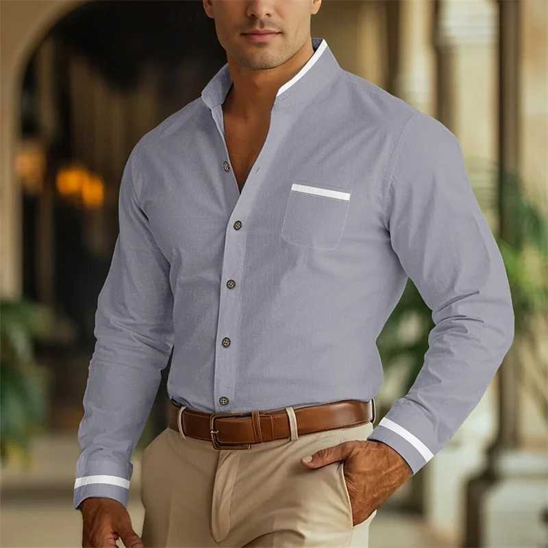 Mens standing collar shirt formal button up shirt gray long sleeved shirt daily wear front pocketXJ250121
