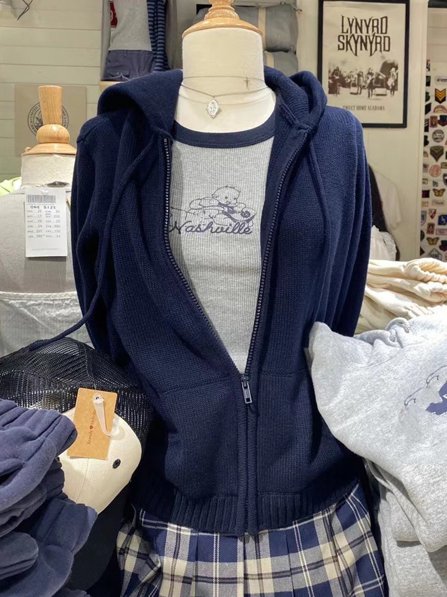 Sweet Cute Solid Knitted Cardigan Sweater Spring Drawstring Hooded Zipper Cotton Crop Top Vintage Streetwear Y2k Sweaters Tops 250122