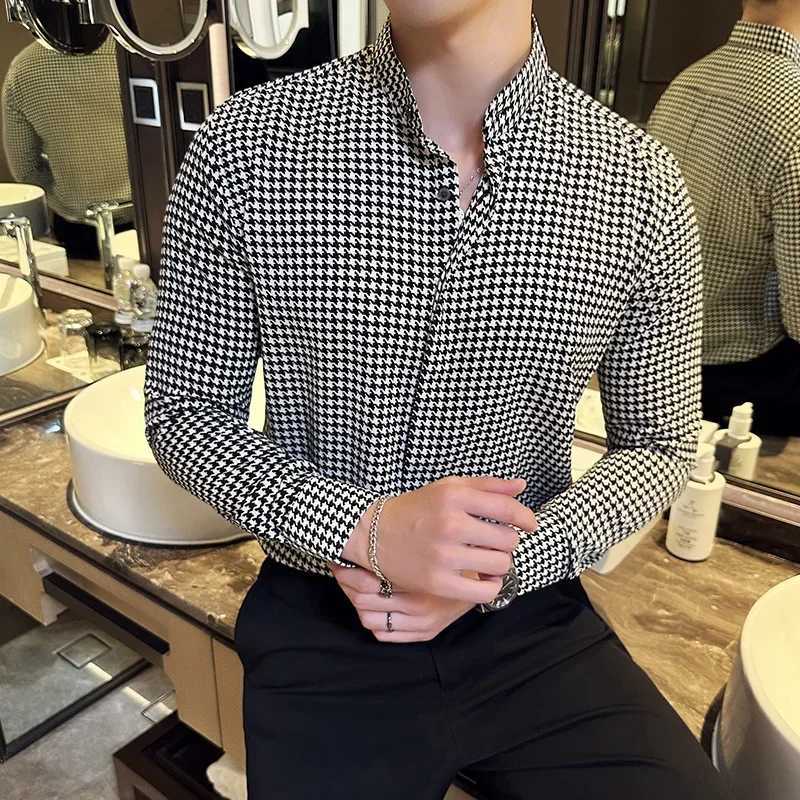Luxury Black White Plaid Shirt 2023 Autumn New Mens Long Sleeve Business Slim Fit Casual Shirt Homme Social Formal Wear BlousesXJ250121