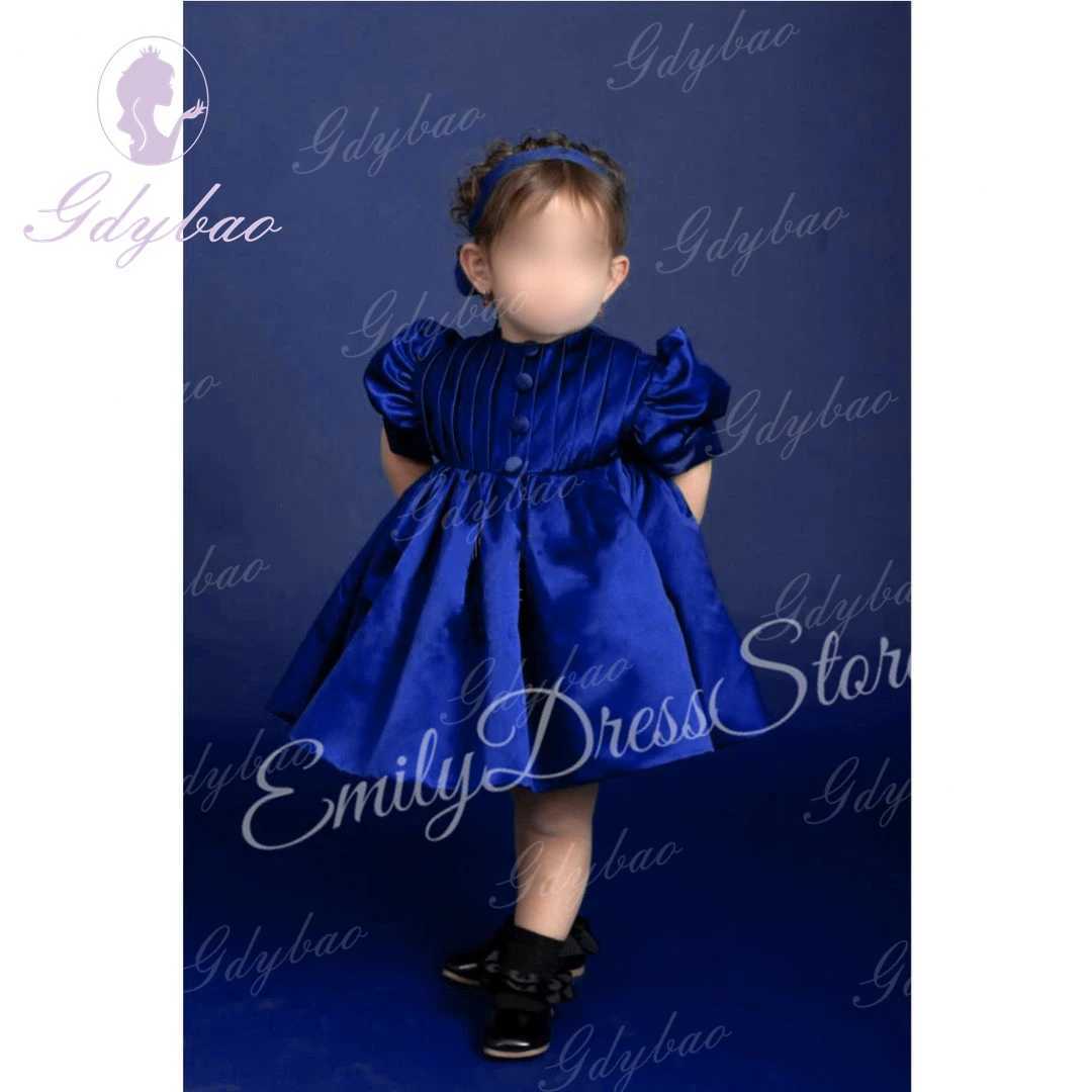Customized satin floral girl wedding dress for wedding knee length high waist fluffy royal blue childrens birthday party first Communion dress X250203