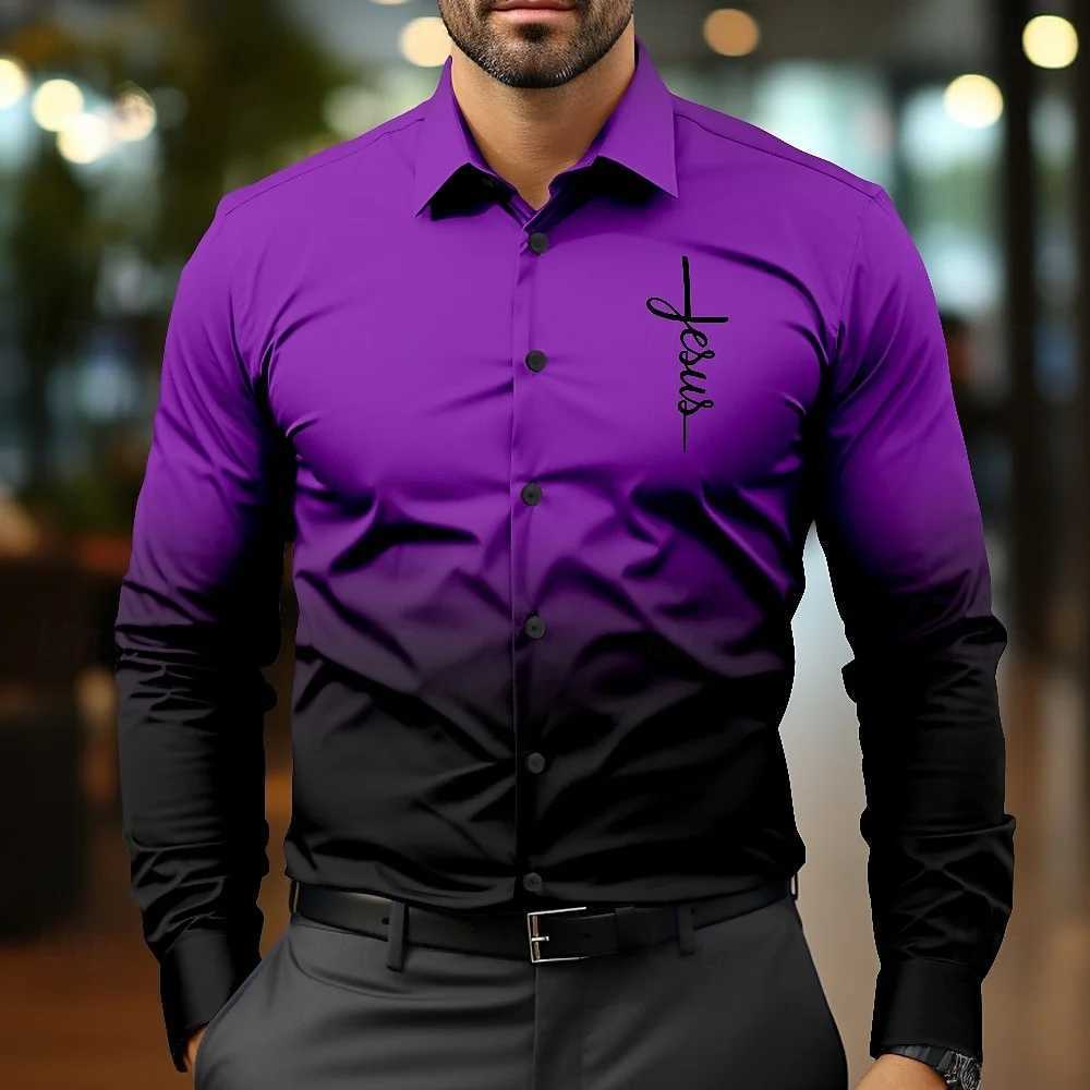 New color changing lapel mens button up shirt with printed long sleeves fashionable and comfortable outdoor street holiday shiXJ250121