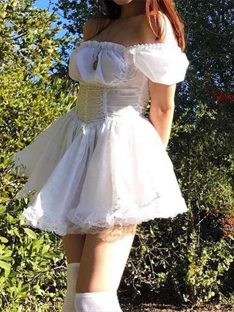 Women Summer Dress Puff Short Sve Square Neck Corset Tie-up A-line Dress Y2K Aesthetic Vintage Lolita Dresses FeXJ250115