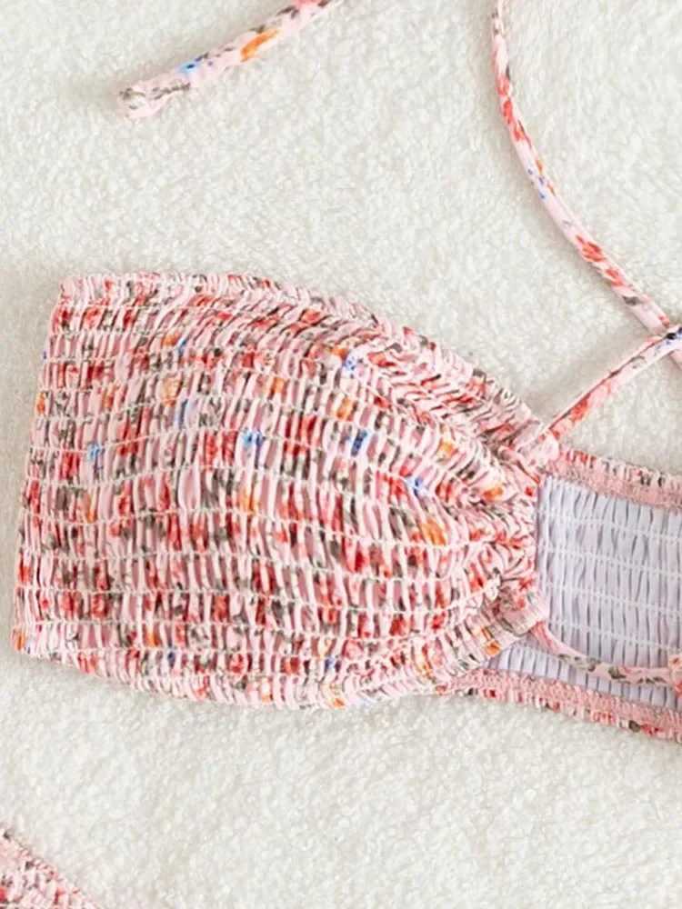 Sexy Bathing Suit Women Printed Swimsuit Pleated Bikini Set Bow Tie Lace Up Two-piece Beachwear Summer Halter BiquinisXJ250120
