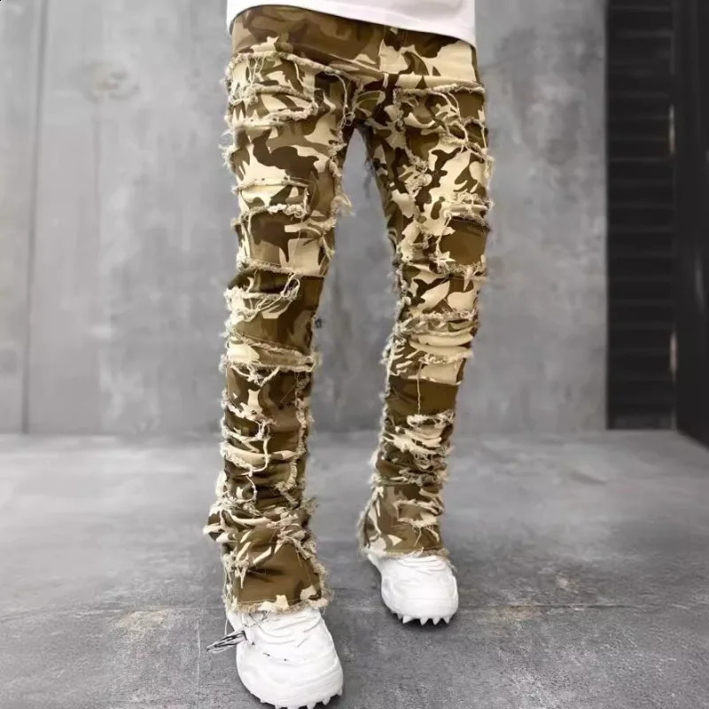 Spring Summer Mens Clothing Fashion Solid Color Elastic Patch Denim Straight-Leg Pants Jeans 250120
