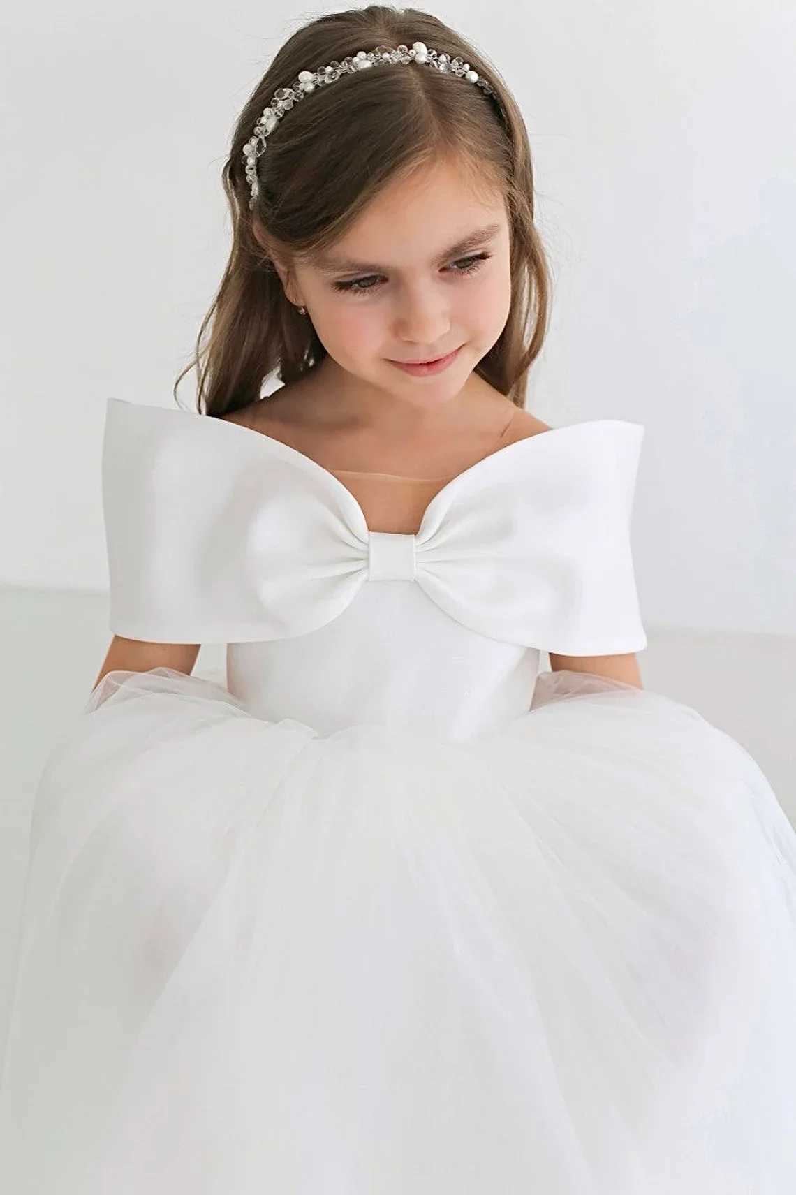 White shoulder flower girl wedding dress princess chiffon birthday party short skirt first communion baptismal dress X250203