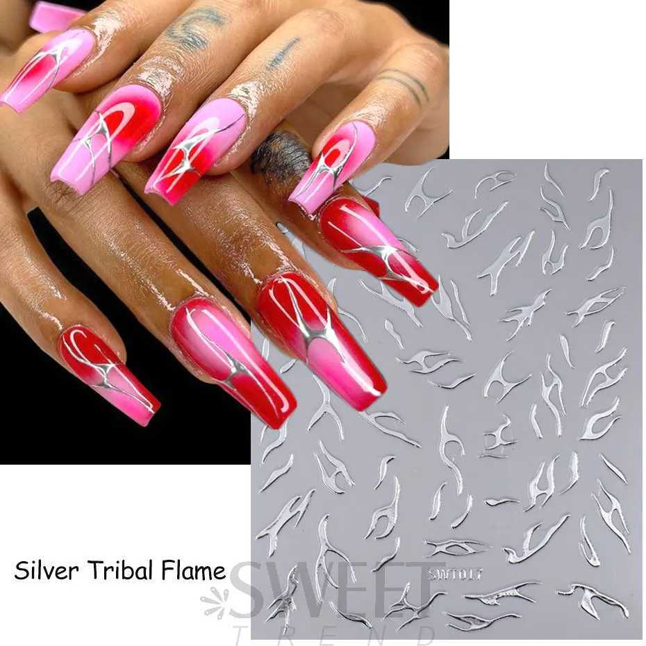 Metallic Silver Flame Nail Stickers Striped Wavy Line Tribal Fire Tatton Slider Holographic 3D Manicure Tips Decoration JISW-TXJ250120