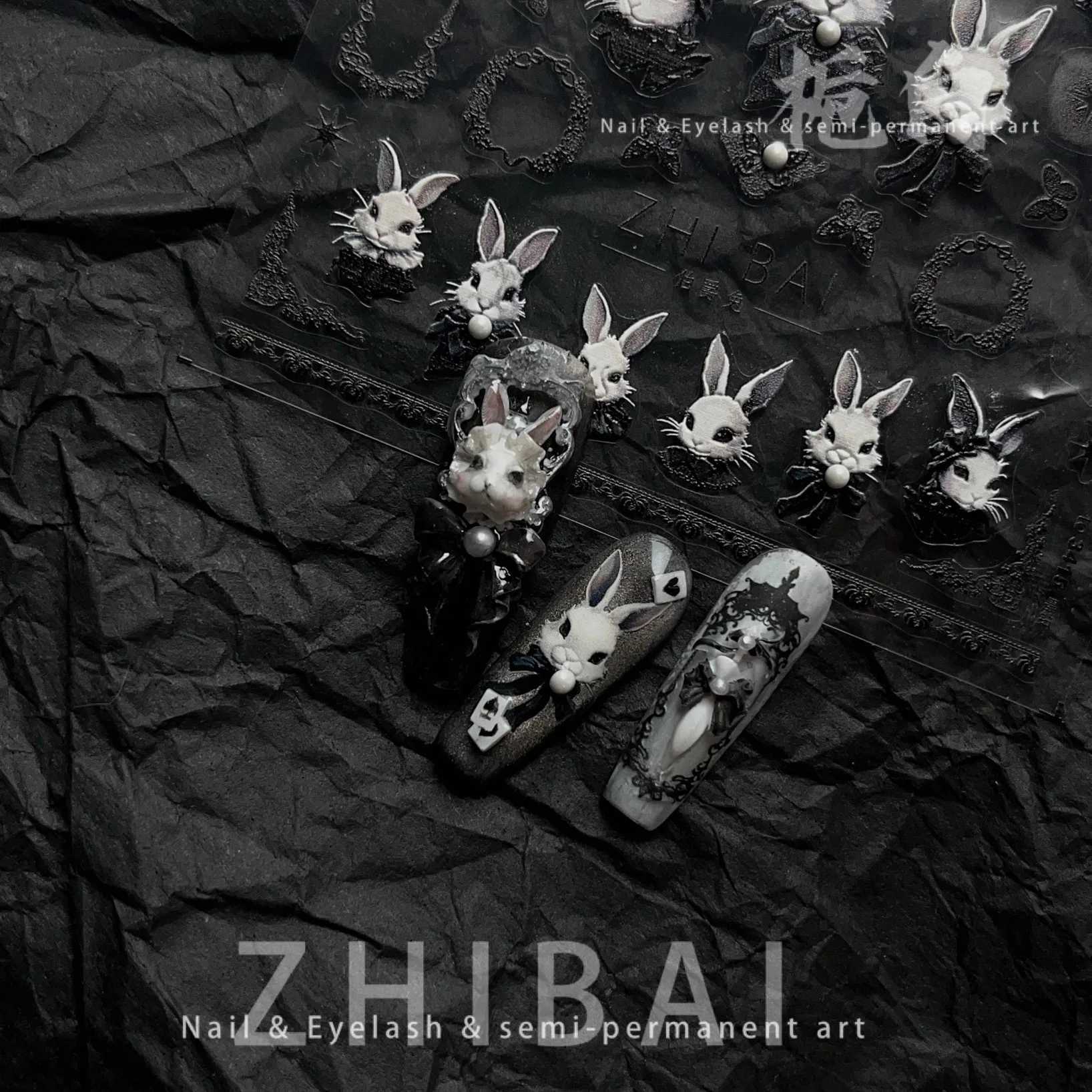 5D Japanese Nail Stickers Punk Style Black Rabbit Dark Butterfly Nail Art Decal Design Decorations Tool High Quality DIYXJ250120
