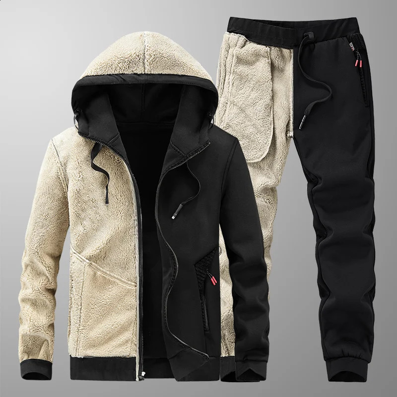 Mens Sets Jacket pant Warm Fur Winter Sweatshirt Cashmere Tracksuit Mens Sets Fleece Thick Hooded Casual Track Suits 250117