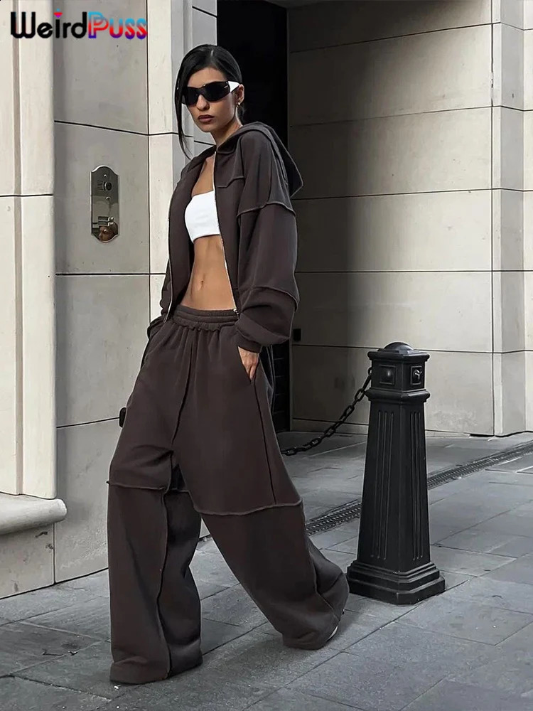 Weird Puss Casual Tracksuit Women 2 Piece Set Panelled Stripes Sporty Simple Hipster Hooded Zip JacketWide Pants Matching Suits 250122