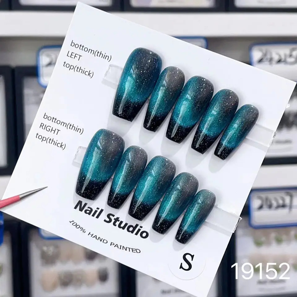 100% Handmade Press On Nails with Blue Cat Eye Effect Medium Coffin Shape Cool and Modern In Emmabeauty Store No. EM19152 250108
