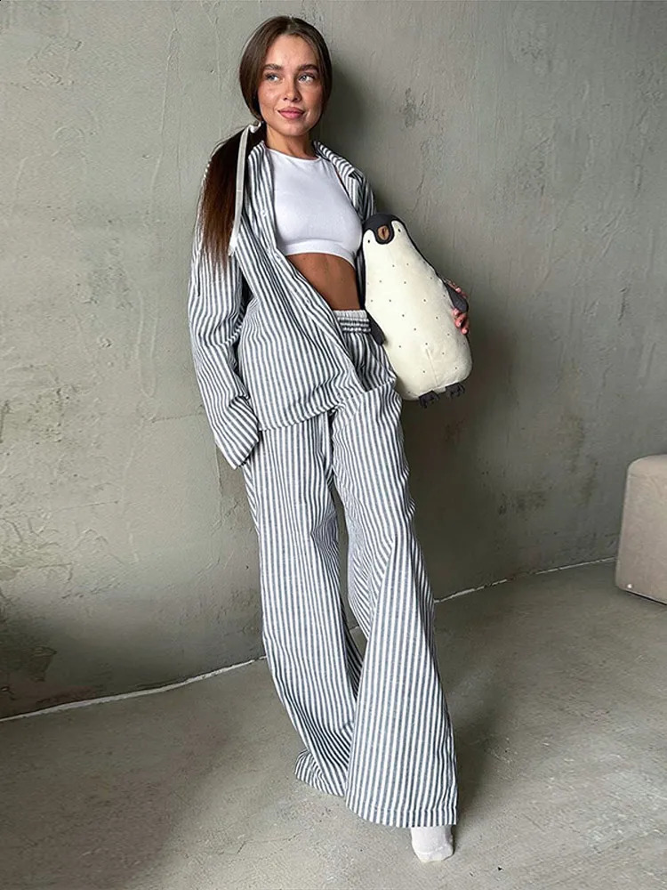 Women Stripe Pant Sets Casual Laple Oversize Full Sleeve Shirt Elastic Loose Waist Pants Female Suit Spring Lady Outerwears 250122