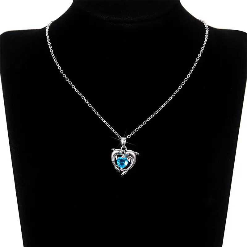 925 Sterling Silver Dolphin Blue Heart CZ Necklace Women Bride Wedding Clavicle Chain Necklaces Fancy Gift Statement JewelryXJ250114