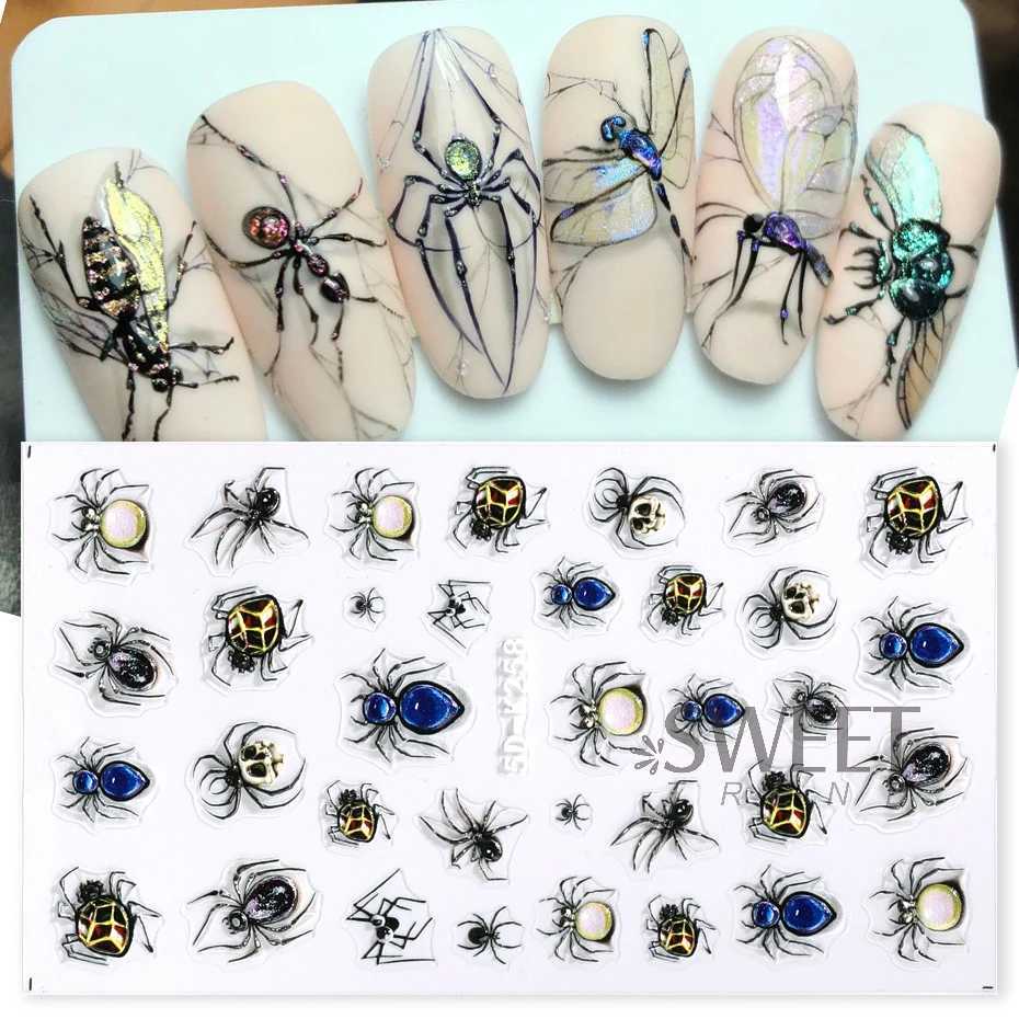 5D Gems Spider Embossed Nail Stickers Design Centipede Red Eyeball Adhesive Sliders Holiday Party New Year Decals Manicure FoilsXJ250120