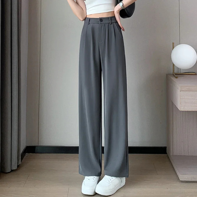 Women Full Length Pants Lady Baggy High Waist Wide Leg Solid Color Trousers Straight Mom Classic Office Slacks 250107Z
