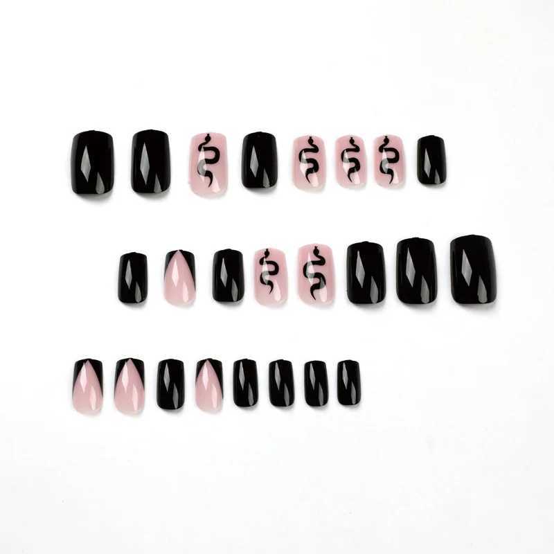 24pcs/set Black Reusable Adhesive Fake Nails Beveled French Snake Pattern Wearing Art False Nails Finished Fashion Press on NailW250120