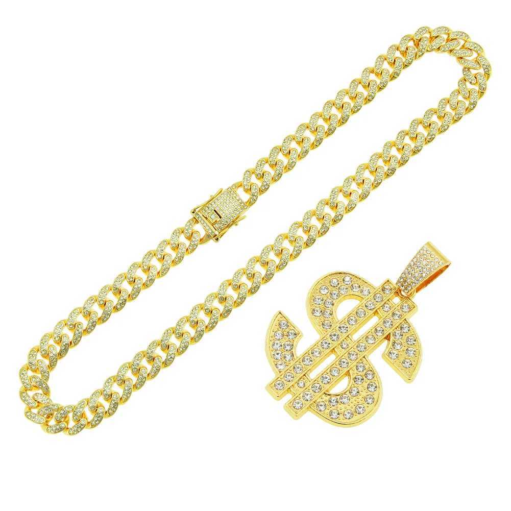 Shiny Rhinestone Dollar Pendant Necklace Mens Womens 15mm Cuban Chain Choker Hip Hop Rap Rock JewelryXJ250121