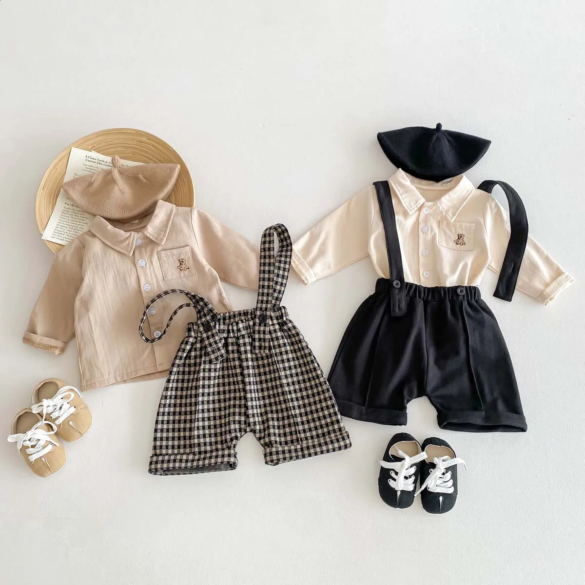 8404 Baby Clothing Set Spring Summer Korean Plaid Casual Strap Pant Or Long Sleeve Shirt Cotton Boys Twopiece 250117