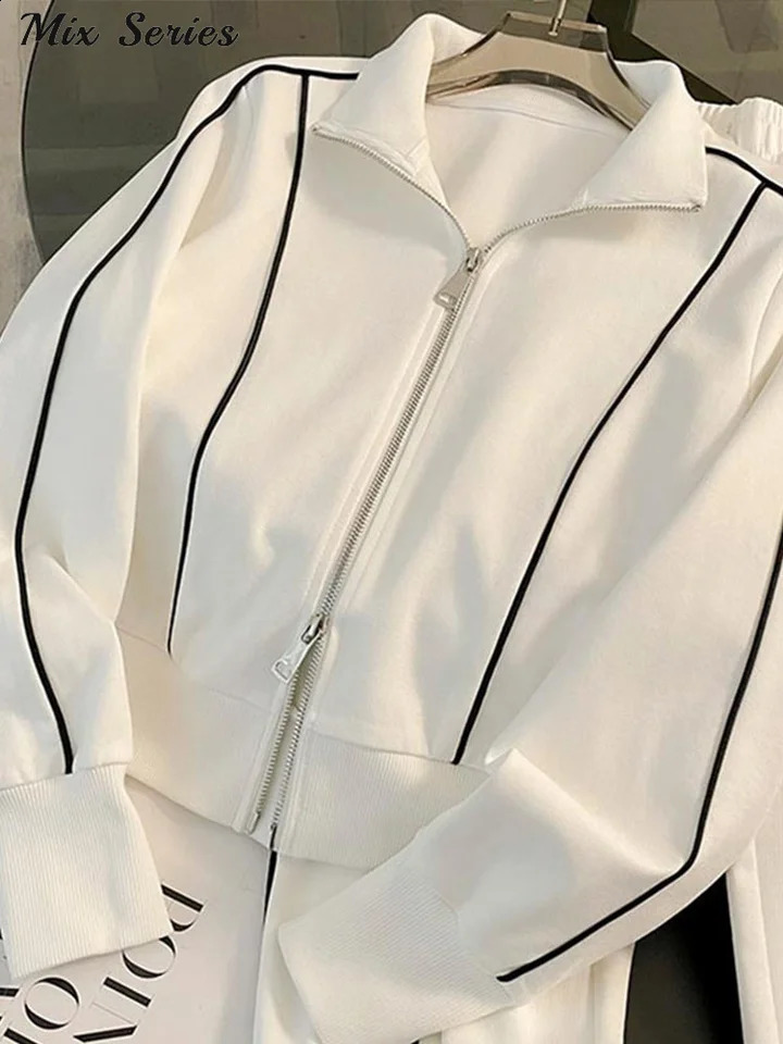 Cozy Striped Contrast Sweatshirt Pants Set Women Casual Lapel Full Sleeve Zipper Tops Long Trousers Lady Sportswear 250122