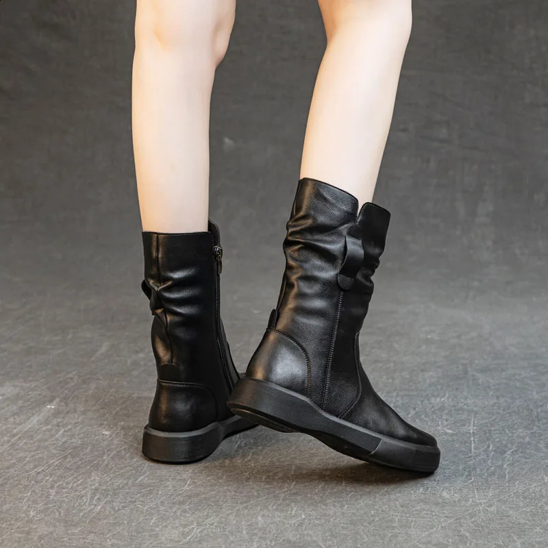 DRKANOL Fashion Women Boots Autumn Winter Plush Warm Mid Calf Round Toe Zipper Pleated Thick Bottom Leather Cotton 250117
