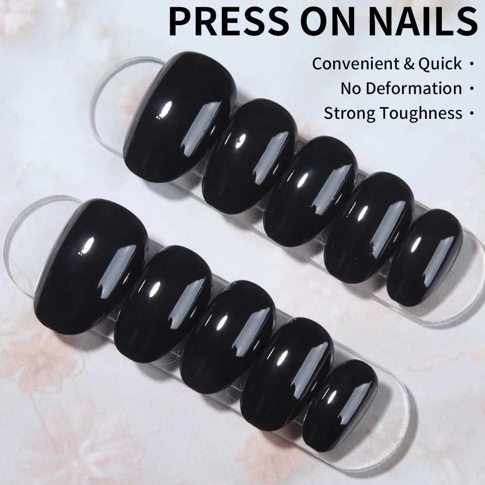 24pcs short false nail black oval nail press on nail can be disassembled for reuse minimalist style for women and girls dailyW250120