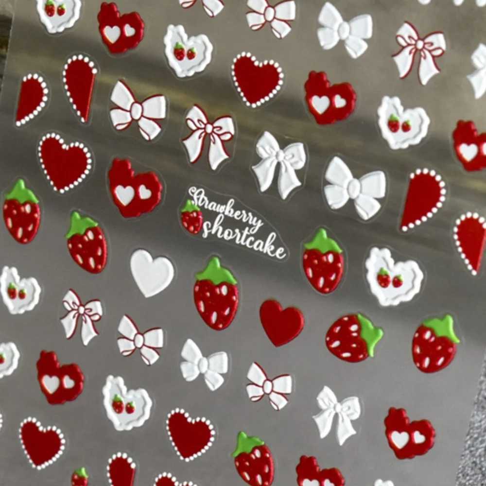 1pcs 5D Relief Red Strawberry Ribbon Heart Nail Art Stickers Japanese Brown Bow Nail Decorations Fashion Decals DIY AccessoriesXJ250120